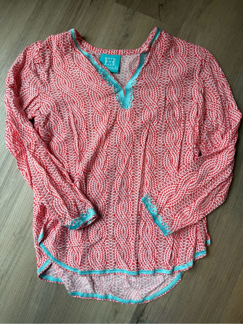 Escapada Coral and Teal Printed Long Sleeve Blouse
